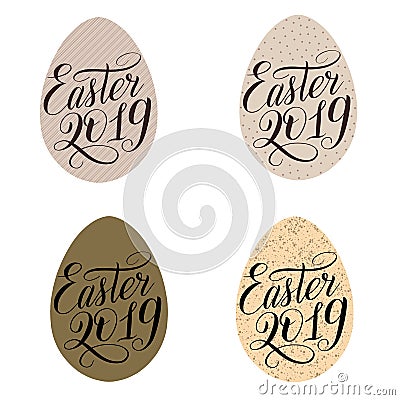Easter egg set 2019 with script lettering. Vector Illustration
